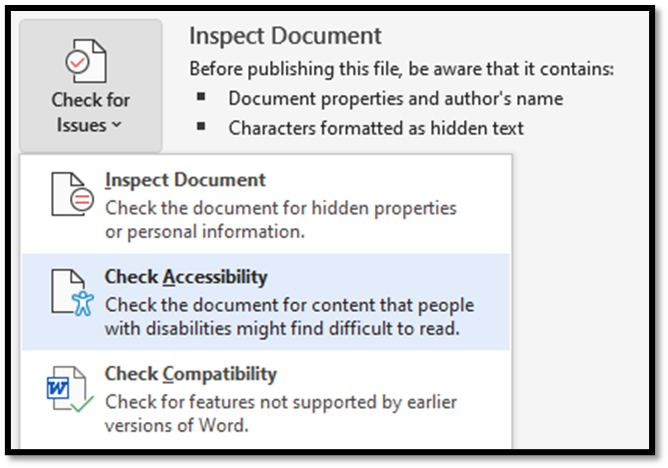 The Check for Issues dropdown menu options: Inspect Document, the highlighted option: Check Accessibility and Check Compatability.