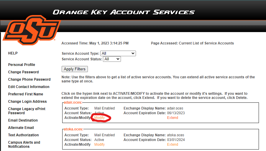 A screenshot of the O-Key Account Services webpage, showing the account options on the left, Service Account Type and Status in the center with "Modify" circled in red.