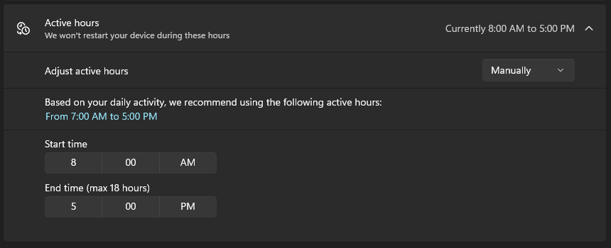 A windows update screen showing active times.