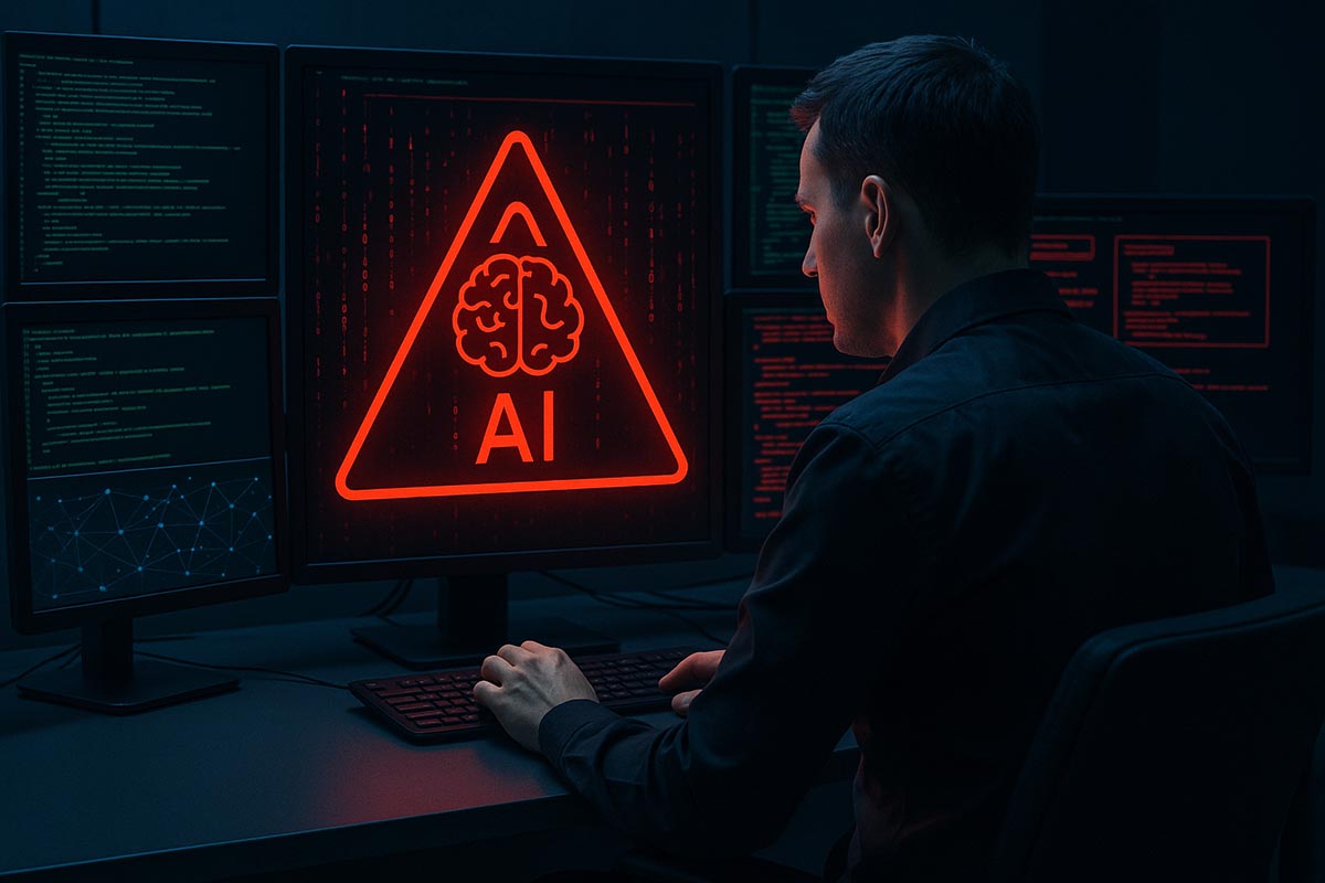 A man sits in a dark room working on the computer with the the AI in a triangle and computer code on the screen.