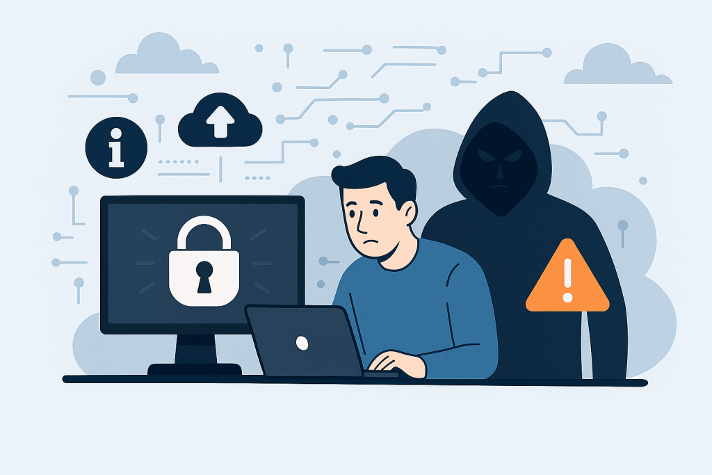 A person working on a lapop with a hooded person standing behind them.