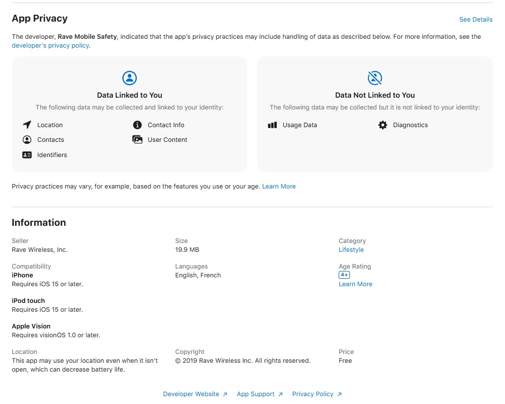 The privacy permissions for a downloadable app in the app store, showing the app's privacy settings and information such as seller, compatibility, location, size and languages.