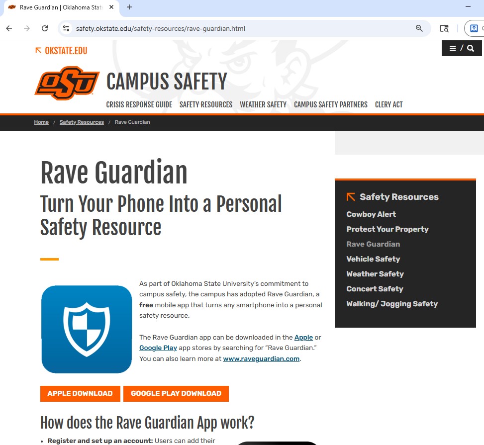 A screenshot from the OSU Campus Safety website of the Rave Guardian App, which is a free mobile app.
