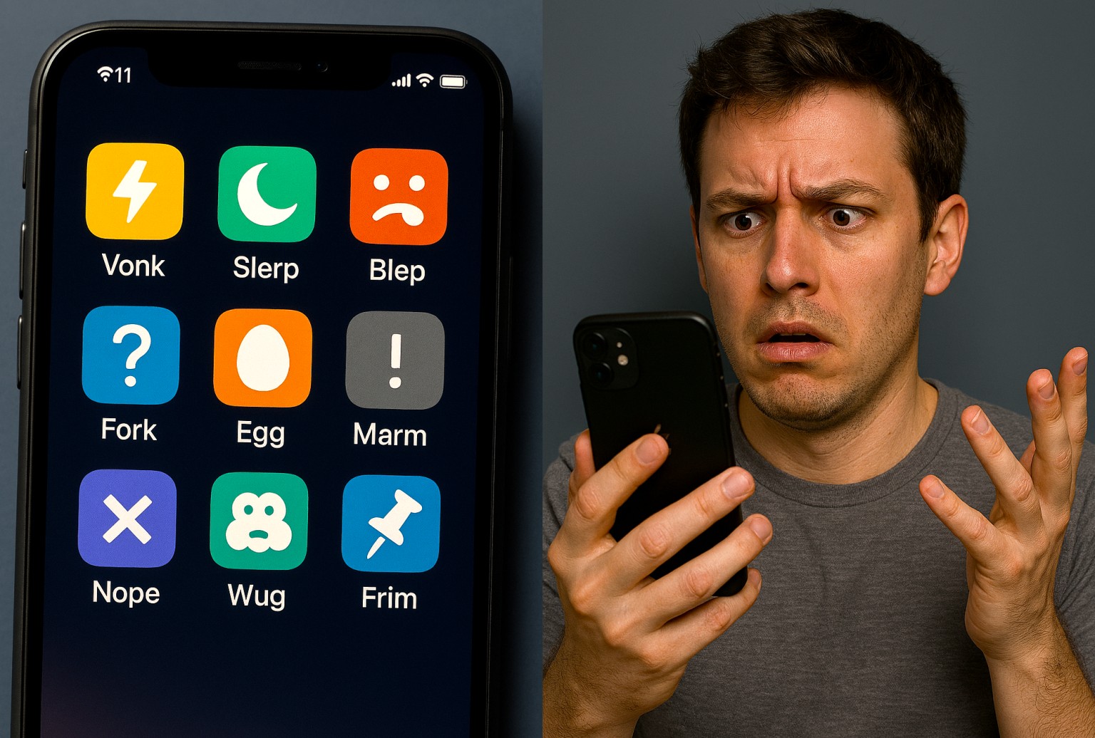 A person in a grey shirt holding a phone in one hand and holding his other hand up in a confused manner. Next to him is the front facing view of his smart phone home screen.
