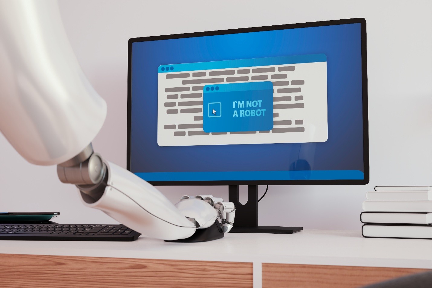3D illustration of a robot interacting with a computer displaying an I'm not a robot CAPTCHA verification prompt.