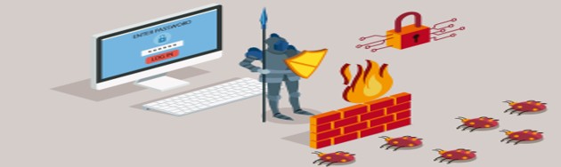 An illustration of a human firewall protecting a computer network. A security professional stands beside a computer displaying a suspicious login alert, while a brick wall blocks flames and malware bugs.