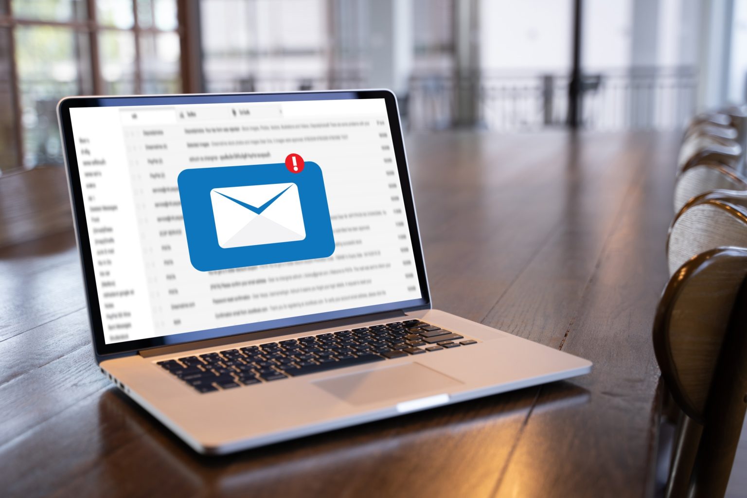 Open laptop on a desk displaying a large red warning symbol over an email envelope icon on the screen, suggesting a malware or phishing threat. A notepad, coffee mug, and office chair sit nearby in a bright workspace.