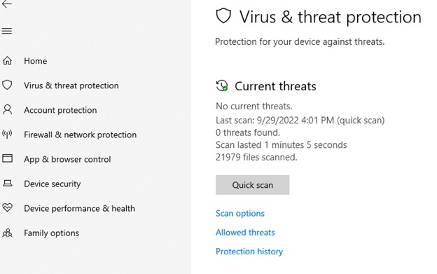 Windows Security ‘Virus & threat protection’ dashboard. The panel shows protection status, current threats and available scan options within the Windows Defender interface.