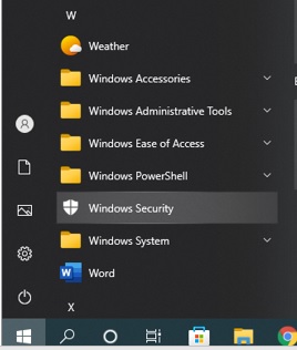 Windows Start menu opened on a desktop. The cursor highlights the Windows Security app icon, showing the menu options for opening system protection settings.