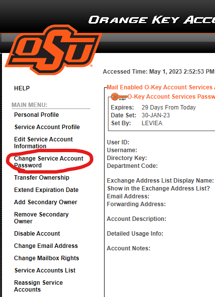 A screenshot of the O-Key Account Services webpage, showing the account options on the left, with ‘Change Service Account Password’ circled in red.