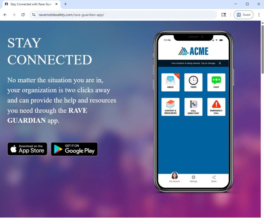 A screenshot of the Rave Guardian Website, showing a smart phone with the app open and text that says 