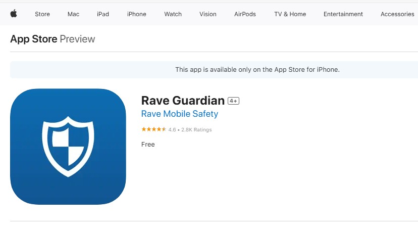 A screenshot of the Rave Guardian app in the Apple app store.