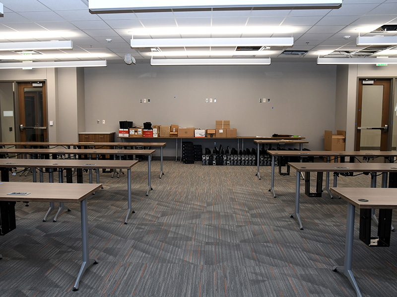 Computer equipment stacked in computer lab