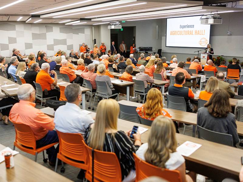 Audience listening to Dr. Shrum at Agricultural Hall Dedication