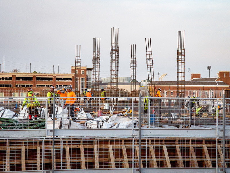 workers preparing second floor on north end