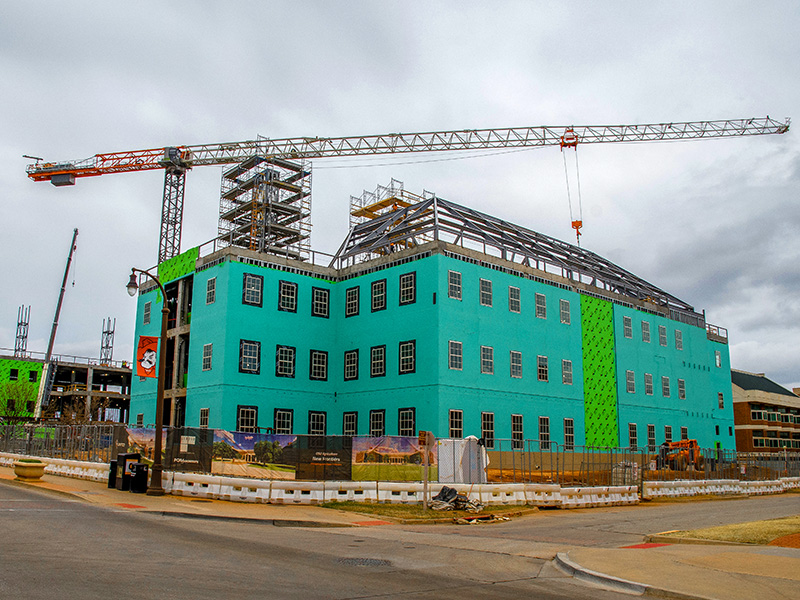 progress of chimney framing on the building roof