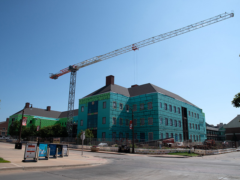 South side of building with crane