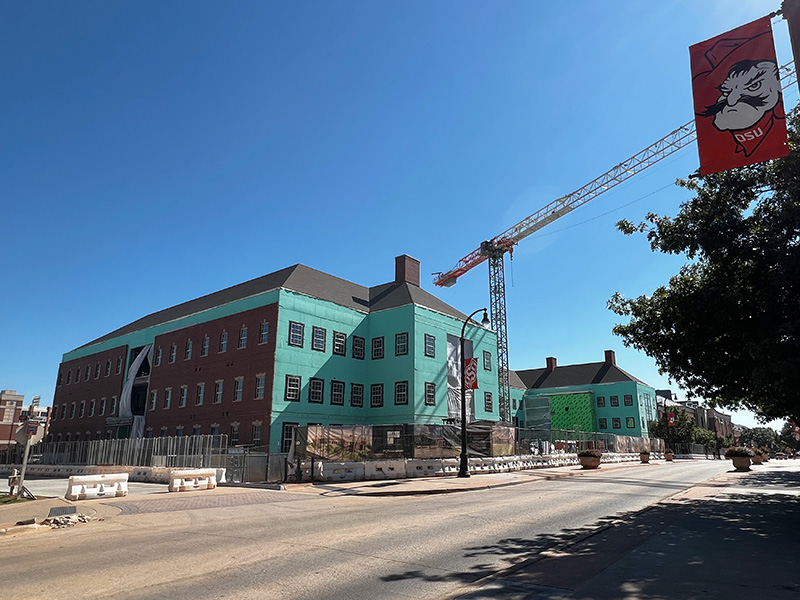 View of the north side of the building with pistol pete flag