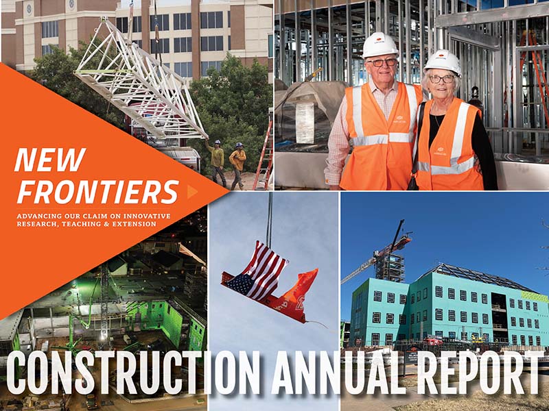 New Frontiers. A collage of: a metal beams being installed on a building, two people wearing a hard hat, an American flag and an OSU flag flying on a metal beam. The shell of a building being built on a constructin site. 